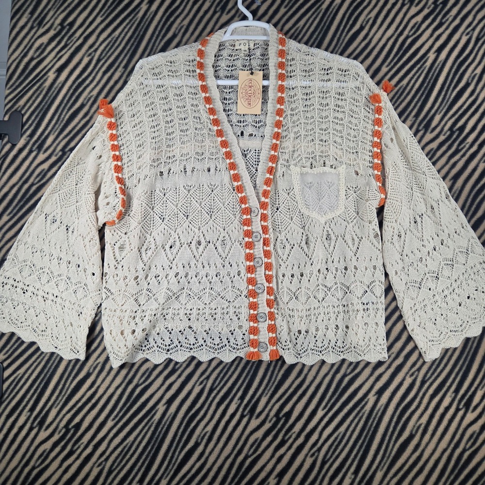 NWT POL Cream Orange Open Knit Crochet Braided Rope Trim Cardigan Sweater Boho